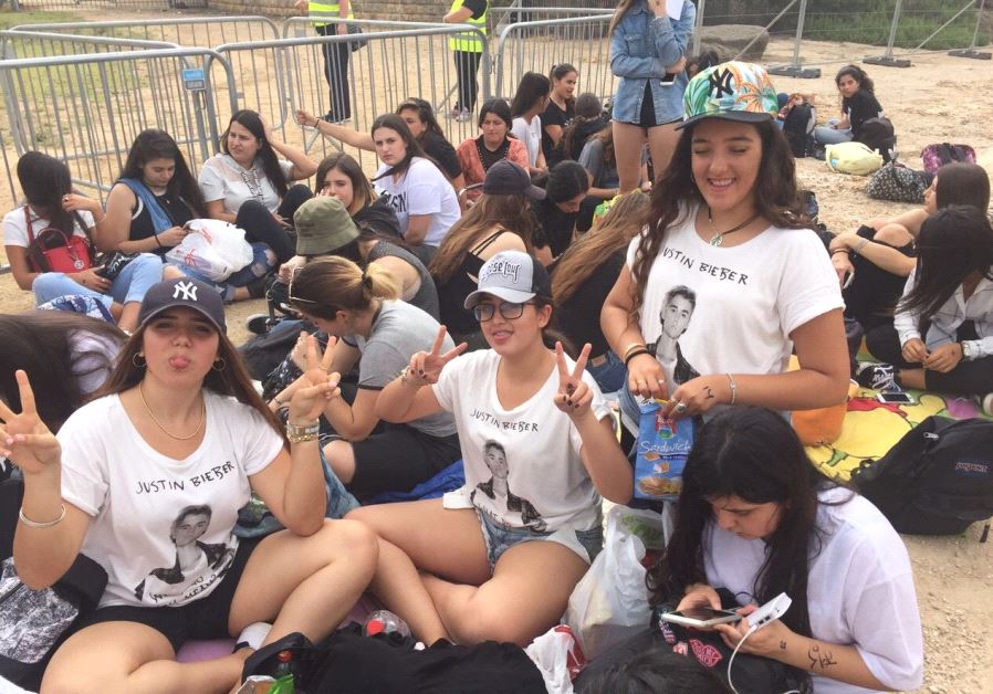 Israeli teens excitedly await Justin Bieber's concert in Tel Aviv. (Courtesy) 