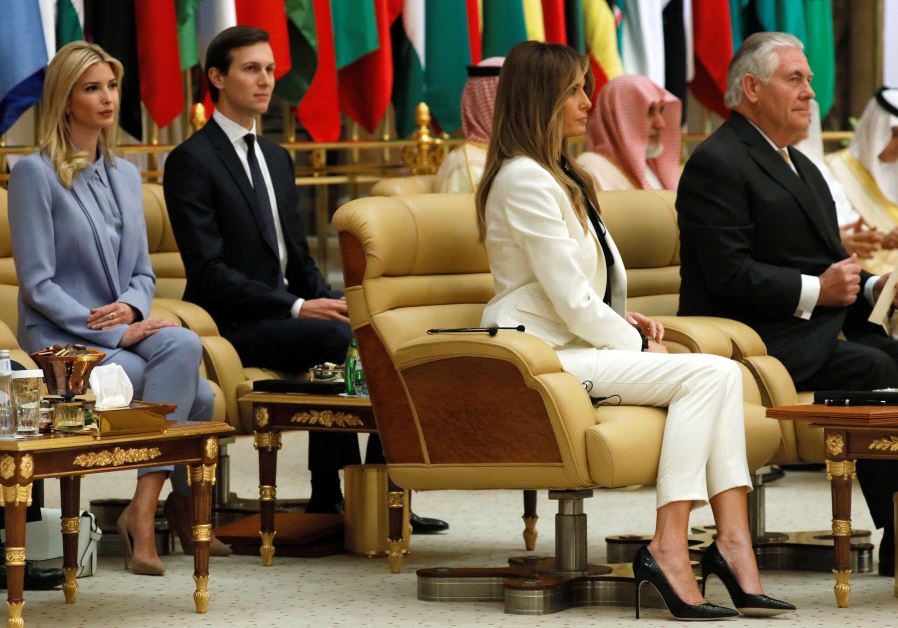 US first lady Melania Trump (2nd R), Secretary of State Rex Tillerson (R), Ivanka Trump (L) and her husband, White House senior advisor, Jared Kushner (2nd L) take their seats before US President Donald Trump delivers his remarks to the Arab Islamic American Summit in Riyadh, Saudi Arabia May 21, 2017 (Reuters)