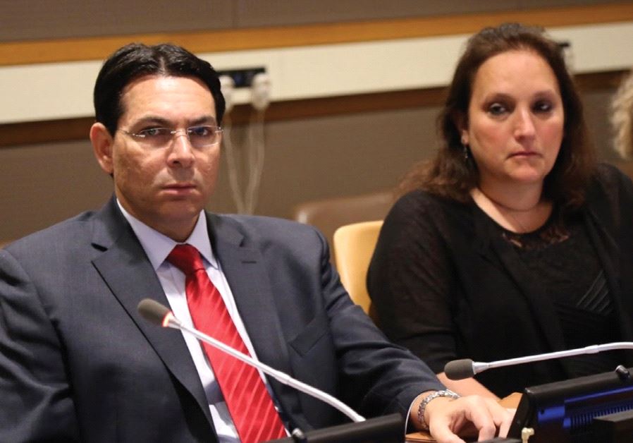 UN AMBASSADOR Danny Danon and Ruth Schwartz, whose son Ezra was killed by a Palestinian terrorist, are seen at the United Nations in New York, May 25 2017. (Courtesy)