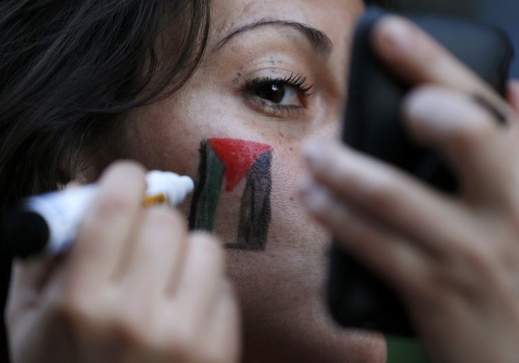 A member of the Palestinian community in Chile paints a Palestinian flag on her face 
