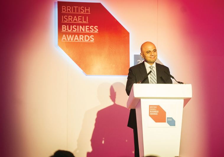 UK BUSINESS SECRETARY Sajid Javid speaks at the UK Israel Business annual awards dinner on Monday.