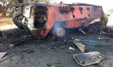 Exploded vehicle from Sinai attack.