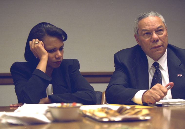 US. Secretary of State Colin Powell (R) and National Security Advisor Condoleezza Rice in the President's Emergency Operations Center in Washington in the hours following the September 11, 2001 attacks. (credit: REUTERS)