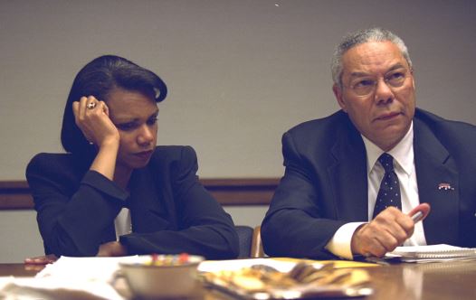 US. Secretary of State Colin Powell (R) and National Security Advisor Condoleezza Rice in the President's Emergency Operations Center in Washington in the hours following the September 11, 2001 attacks.