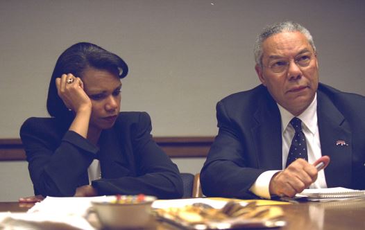 US. Secretary of State Colin Powell (R) and National Security Advisor Condoleezza Rice in the President's Emergency Operations Center in Washington in the hours following the September 11, 2001 attacks. (credit: REUTERS)