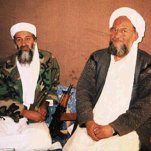 al-Qaida cheif Ayman al-Zawahiri sits with predecessor Osama Bin Laden during an interview in 2001