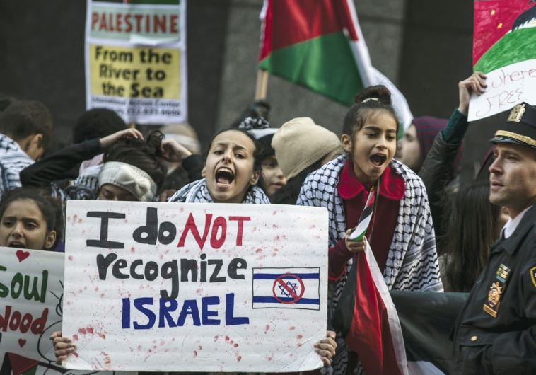 A demonstrator chants slogans during a pro-Palestinian protest in Times Square, in Manhattan