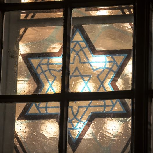 A window is pictured with the Star of David in a new synagogue in Cottbus, Germany