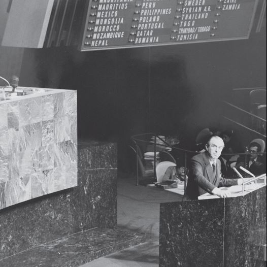 Then-Israeli ambassador to the UN Chaim Herzog addresses the General Assembly condemning Resolution 3379, equating Zionism with racism, on November 10, 1975 (credit: HERZOG FAMILY FOUNDATION)
