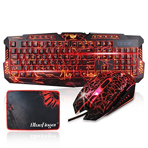 Gaming Keyboard and Mouse Combo-BlueFinger® USB Wired LED Backlit Keyboard and Mouse Set with Cool Crack Pattern Adjustable Color Mouse + BlueFinger® Customized Gaming Mouse Pad