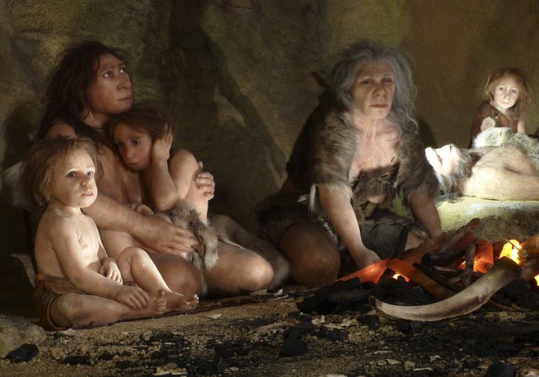 An exhibit shows the life of a neanderthal family in a cave in the new Neanderthal Museum in the northern town of Krapina  (credit: REUTERS)