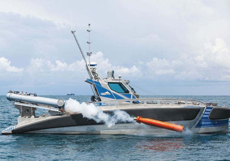 ELBIT’S SEAGULL, seen here in Haifa harbor after its recent initial test, is an unmanned vessel capable of detecting mines and firing torpedoes.
