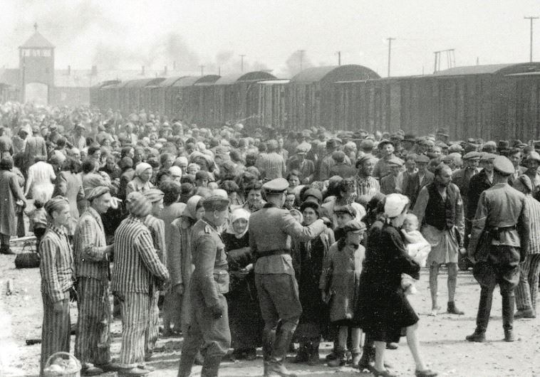 Hungarian Jews arrive at Auschwitz-Birkenau in May 1944 (credit: Wikimedia Commons)