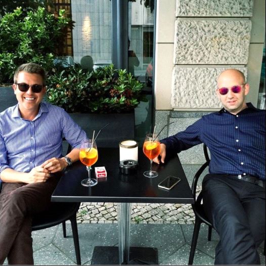 Moshe Klughaft (right) and Sefi Shaked take a break during the campaign in Romania.