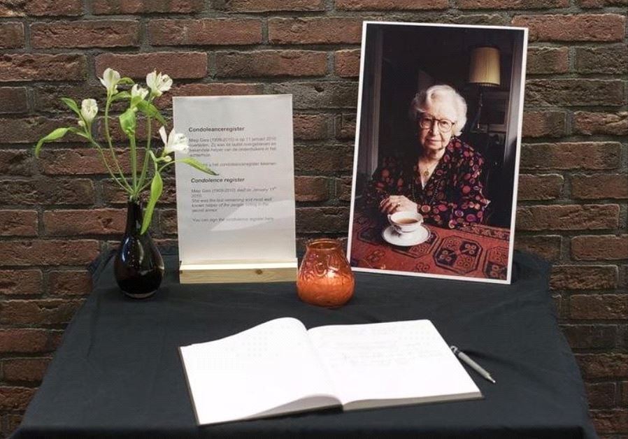 A photograph of Miep Gies is seen at the Anne Frank Museum in Amsterdam. (credit: MICHAEL KOOREN / REUTERS)