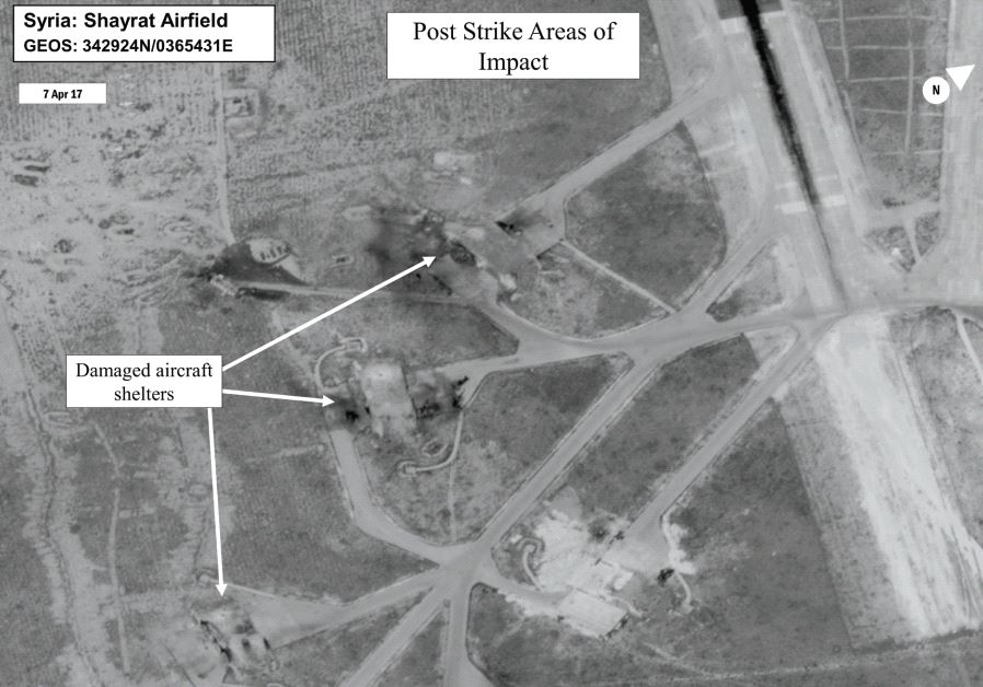 BATTLE DAMAGE assessment image of Shayrat Airfield, Syria, released by the Pentagon following US Tomahawk strikes. (credit: REUTERS)