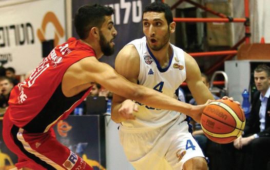 Bnei Herzliya forward Karam Mashour (right) had 15 points and nine rebounds in last night’s 75-60 win over Bnei Herzliya and Tomer Ginat.  (credit: UDI ZITIAT)