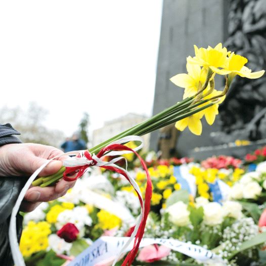 A man lays daffodils near the Ghetto Heroes monument in Warsaw (credit: REUTERS)