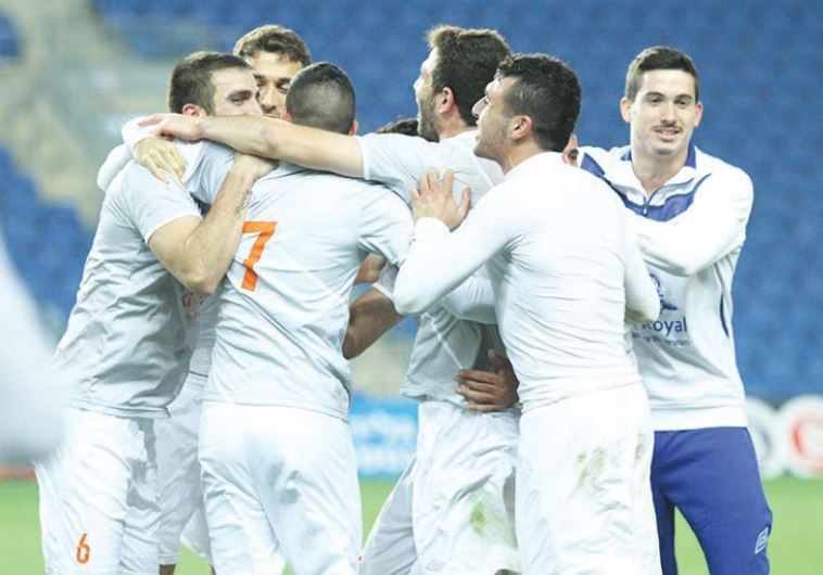 Ness Ziona players celebrate after stunning Maccabi Netanya of the Premier League in the State Cup round of 32 last night