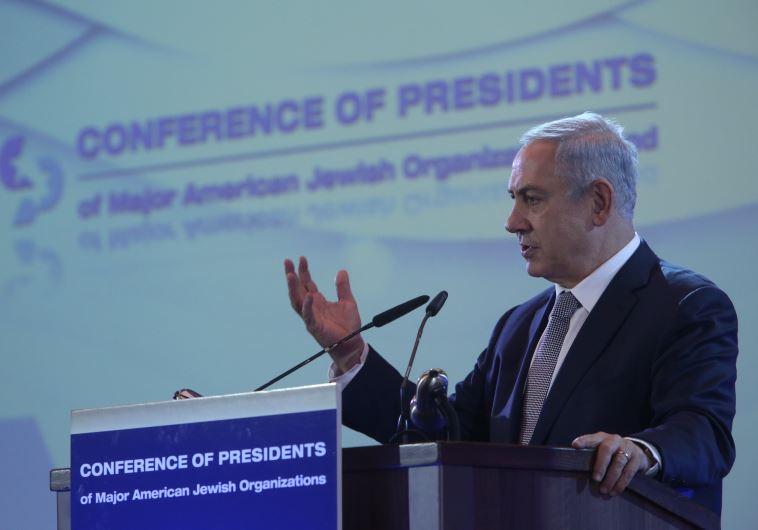 Prime Minister Benjamin Netanyahu addresses the Conference of the Presidents