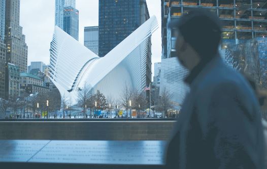 9/11 GROUND ZERO today includes numerous skyscrapers and the recently opened World Trade Center Transportation Hub designed by Santiago Calatrava.