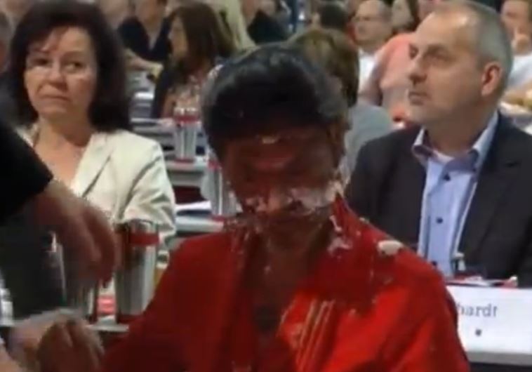 Far-left German MP hit with cream pie in protest at stance on refugees