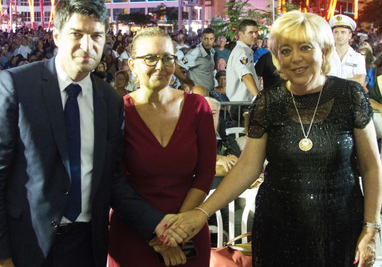 Netanya stands with Nice: (from left) French Ambassador Patrick Maisonnave, Nice Deputy Mayor Martine Vaknin and Netanya Mayor Miriam Feirberg-Ikar