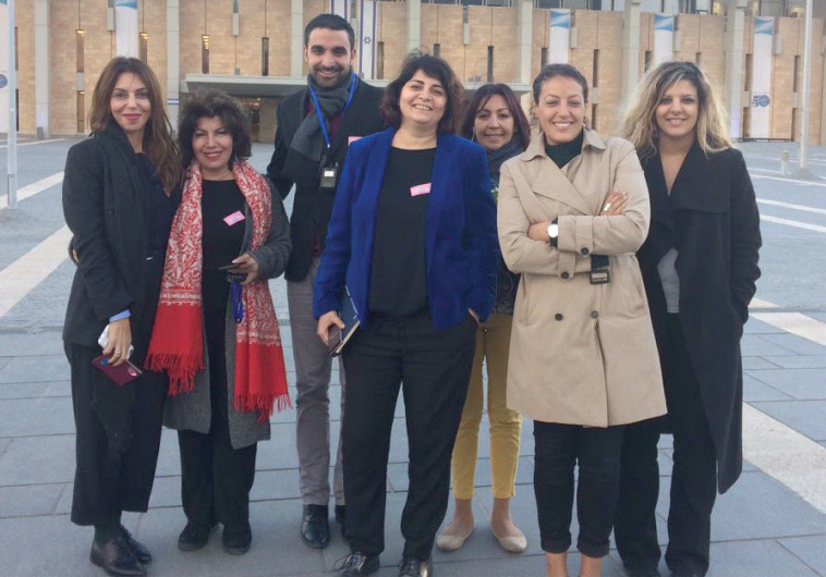 STANDING IN FRONT of the Knesset yesterday are (from left) Simone Rodan Benzaquen, Sheherazade Zerouala, Amine El Khatmi, Nadia Touiz, Rabha Boussetta, Siham Sahed and Nadia Lakehal
