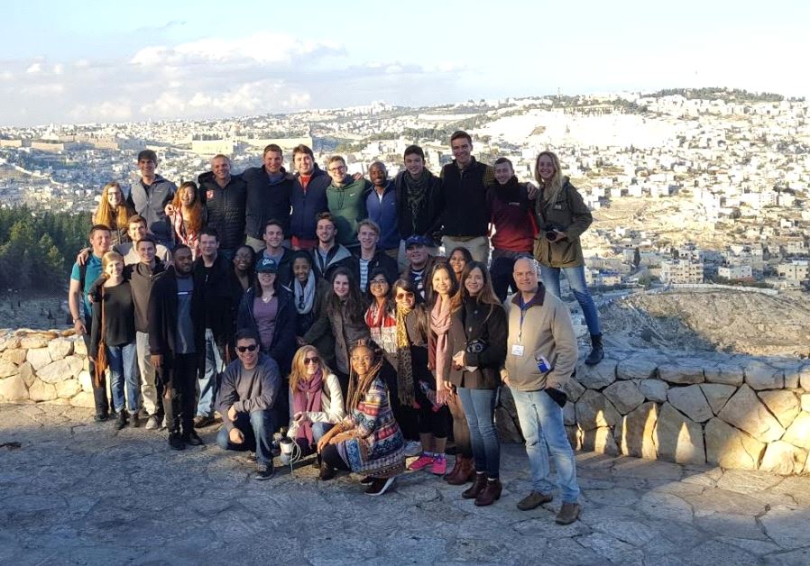 PARTICIPANTS IN JNF-USA's Caravan for Democracy Student Mission pose for a photograph on Jerusalem's Haas Promenade