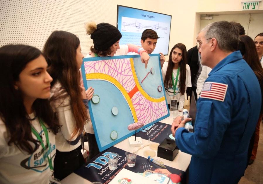 Israeli students presenting experiments to astronauts in February at a SpaceLab event at Bar Ilan