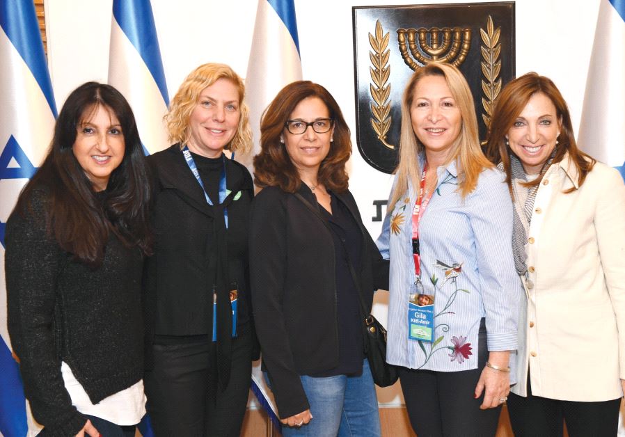 MEMBERS OF an all-female delegation of the Friends of the IDF, who visited Israel for International Women’s Day, pose for a picture. From left: Sylvia Stark, Sharon Miskin, Rachel Fine, retired Brig.-Gen. Gila Klifi-Amir and Marcy Gringlas.