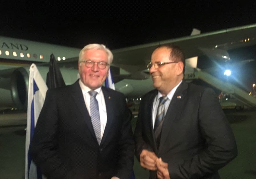 German President Frank-Walter Steinmeier (left) is greated by minister-without-portfolio Ayoub Kara upon his arrival to Israel 
