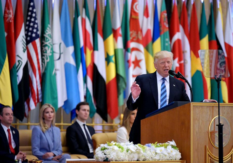 US President Donald Trump speaks at the Arabic Islamic American Summit at the King Abdulaziz Conference Center in Riyadh on May 21, 2017.