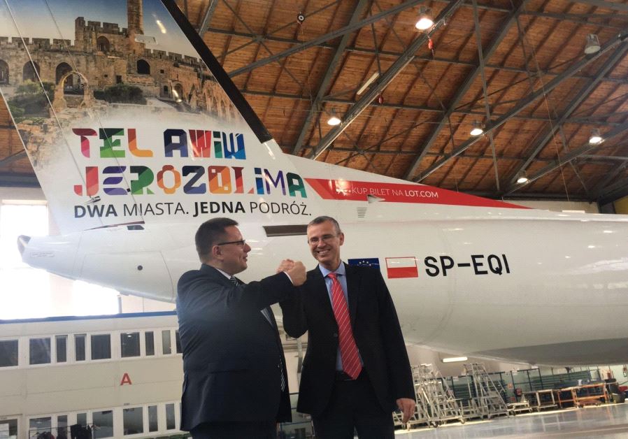Tourism Minister Yariv Levin with Lot Airlines CEO Rafal Milczarski at the launch of the branded aircraft in Poland